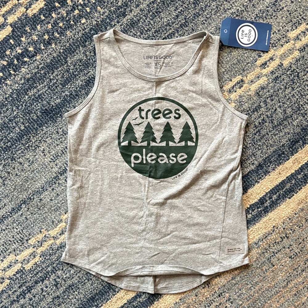 Life Is Good Gray Tank Top with Green Trees Please